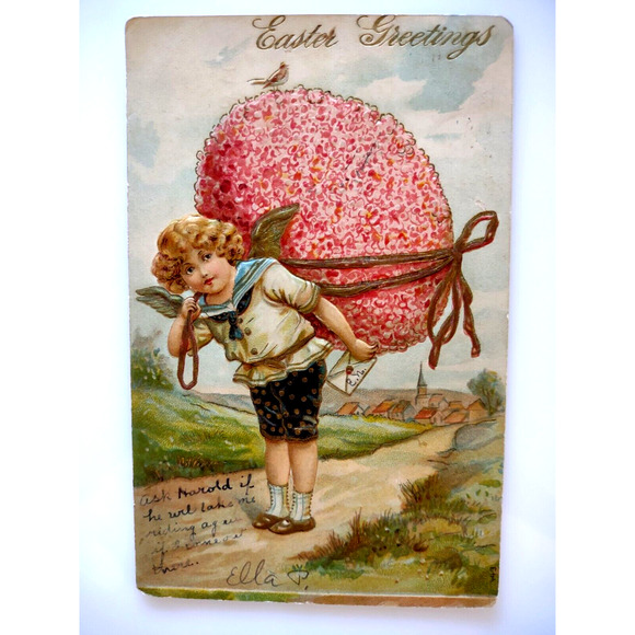 Easter Postcard Fantasy Angel Hauling Exaggerated Egg Series 443 Otto Schloss - Picture 2 of 3